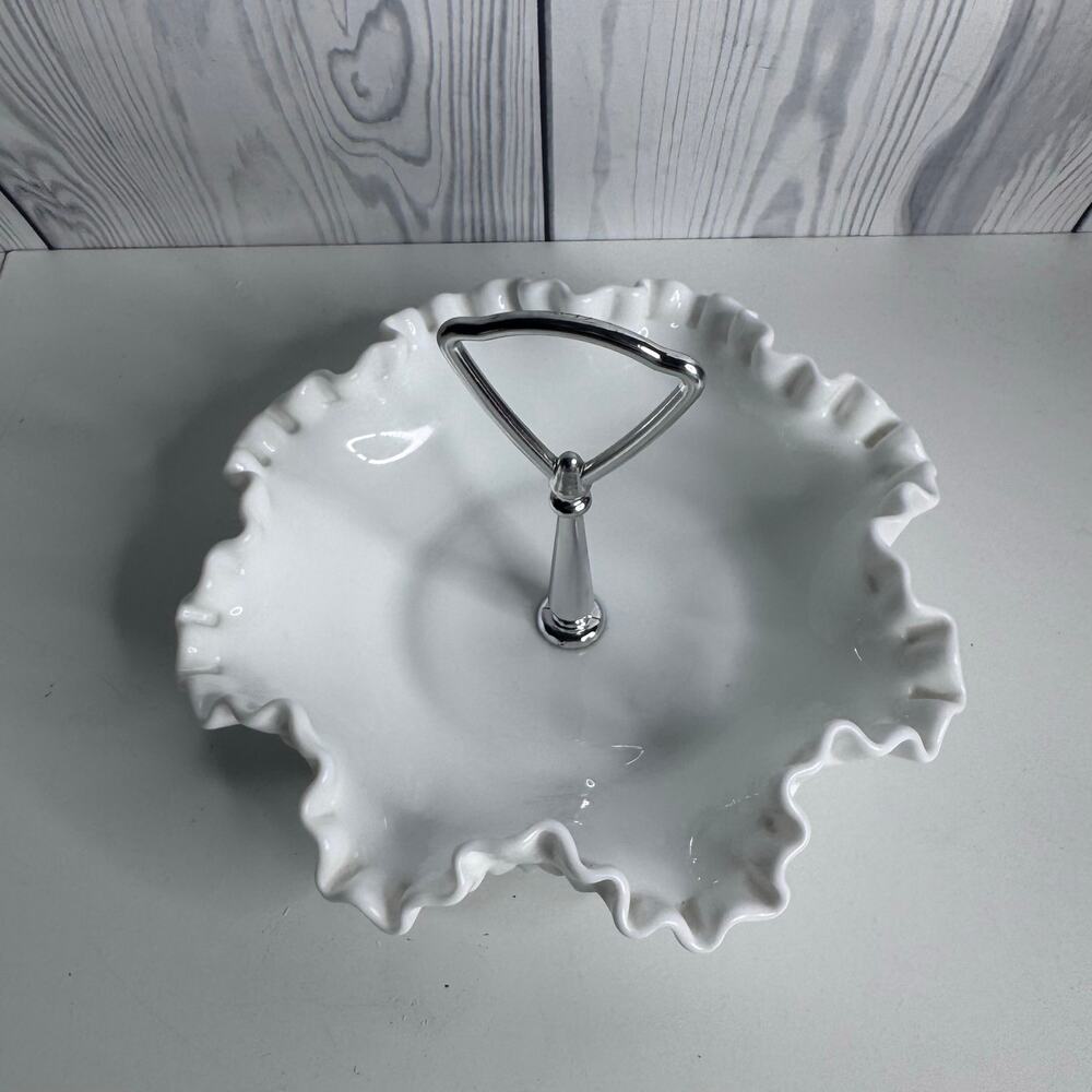 Vintage Fenton Milk Glass White Hobnail Bon Bon Candy Dish Silver Handle